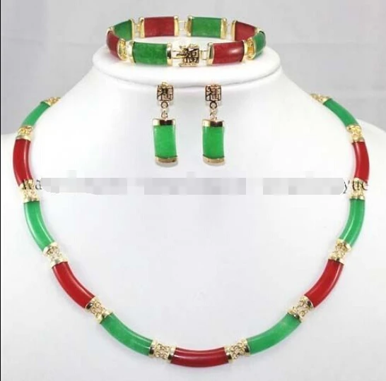

Real Red & Green Natural jade Link Necklace Bracelet earrings Set AAA