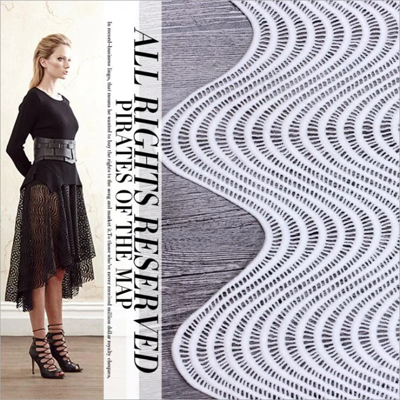 1Yard good quality hollow lace for sewing clothes Off-white Black in stock wave stripe design milk silk embroidered fabric | Дом и сад