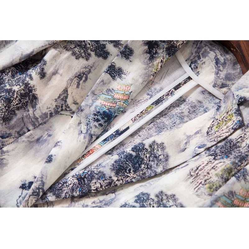 SEQINYY Short Jacket Summer Spring New Fashion Design 3/4 Sleeve Ink Forest Printed Thin Casual Women Linen Blazer