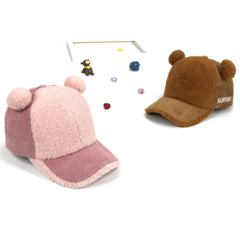 3-8Y Winter Boys Girls Letter Print Baseball Cap Children Casual Hip Hop Sun Plush Caps Ball Warm Bear Parent-Child | Детская одежда и