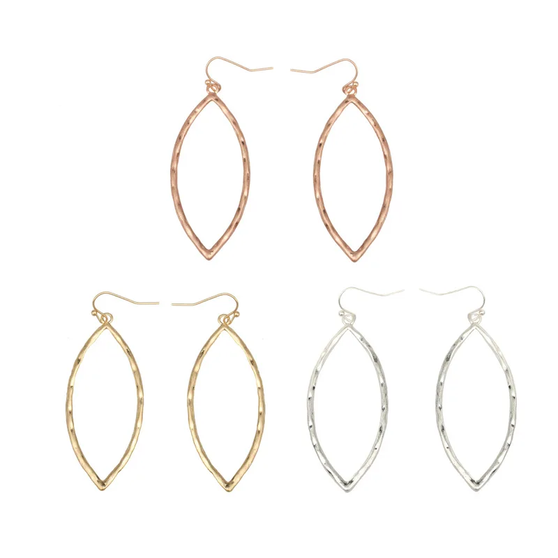 

Polished Hammered Metallic Oval Hollow Drops Statement Earrings for Women Simple Design Metallic Teardrop Earrings