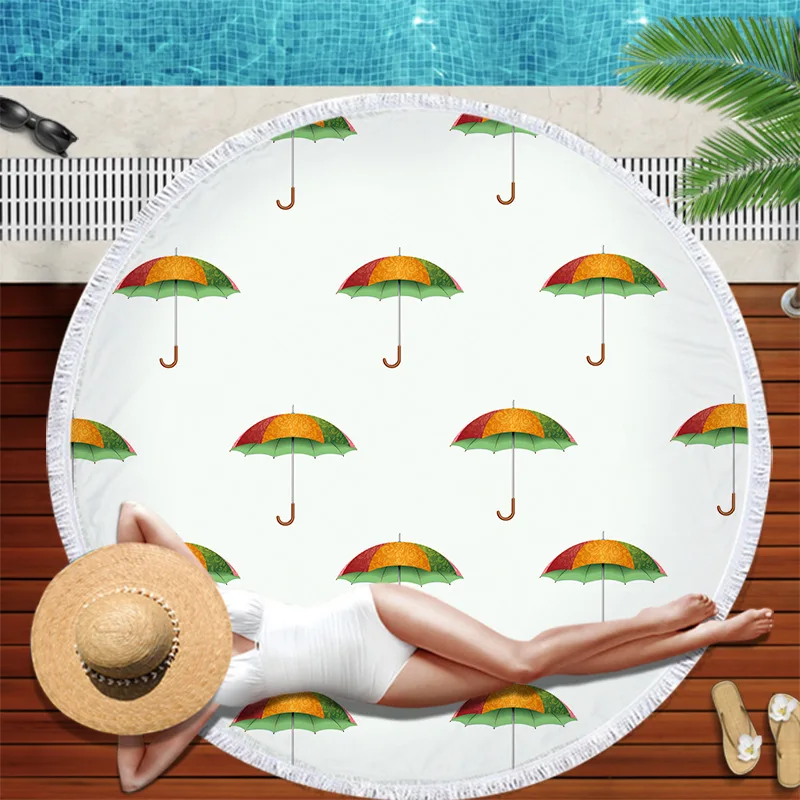 

Umbrella Pattern Printing Round Beach Towel 150*150 Microfiber Tassel Living Room Wall Hanging Tapestry Plush Yoga Mat
