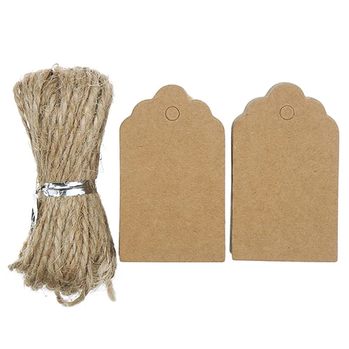 

100PCS Natural Brown Kraft Paper Tags With Jute Twine For DIY Gifts Crafts Price Tags Luggage Tags Name Tags Scallop Label