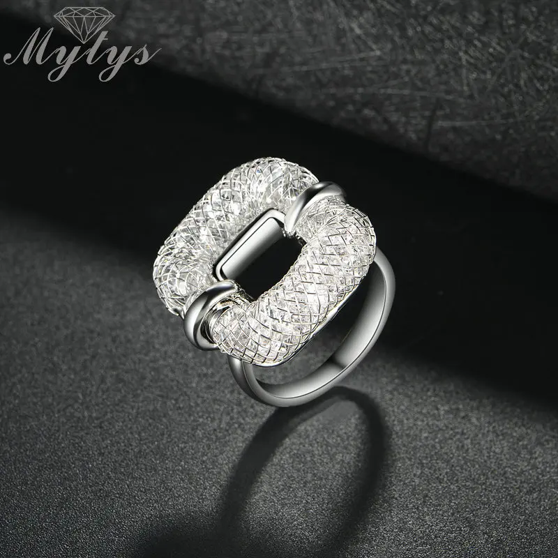 Mytys серебряное Сетчатое пустотелое квадратное кольцо с кристаллами модные