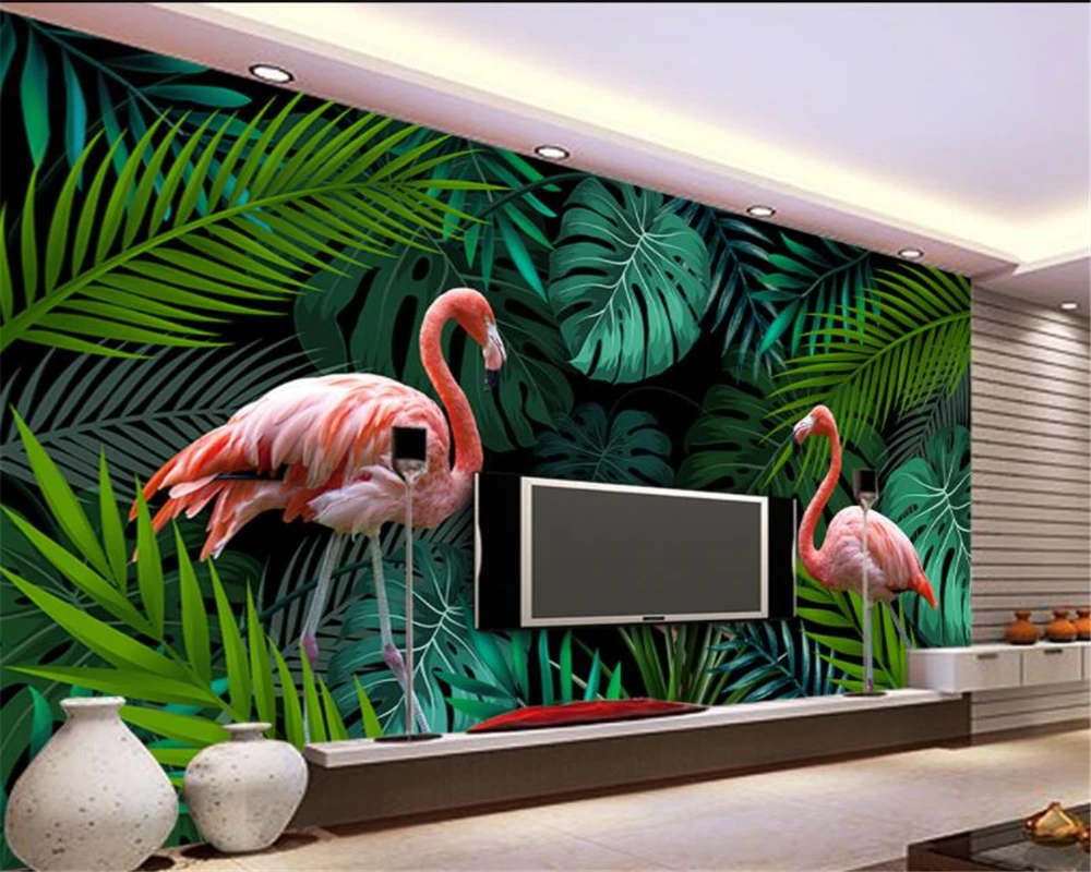 beibehang papel de parede Custom Wallpaper Wall Stickers Hand green drawn tropical rain forest flamingo Mural 3d wallpaper | Обустройство