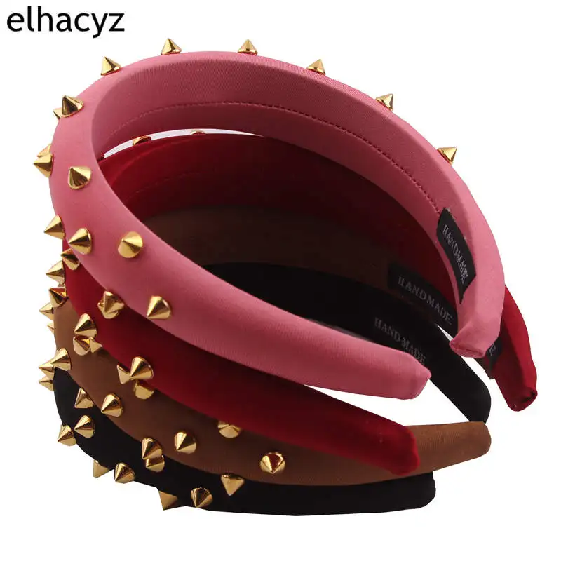 1PC 3CM Width Vintage Sponge Rivet Headbands Women Hair Accessories Solid Knitted Fabric Hairbands Side Wrapped Female Head Band