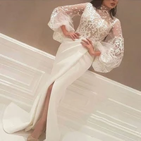 white muslim evening dresses mermaid high collar long sleeves lace slit islamic dubai saudi arabic long evening gown prom