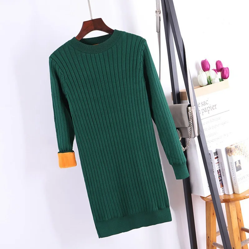 Green GIGOGOU M-2XL, толстый теплый бархатный женский свитер, трикотажный пуловер в рубчик, мини-платье с длинным рукавом для женщин и девушек, Короткие облегающие платья - Цвет: Green