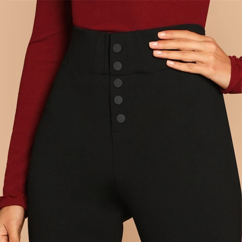 SHEIN черные узкие обычные брюки на пуговицах Highstreet, одноцветные облегающие кроп, женские повседневные уличные зимние леггинсы