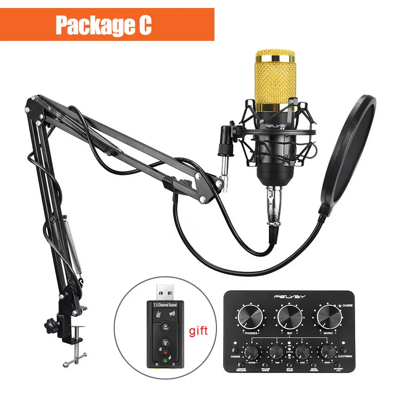 Black Package C FELYBY Профессиональный записывающий конденсаторный микрофон bm 800 подарок USB звуковая карта караоке микрофон для компьютера Live mic стенд - Цвет: Black Package C