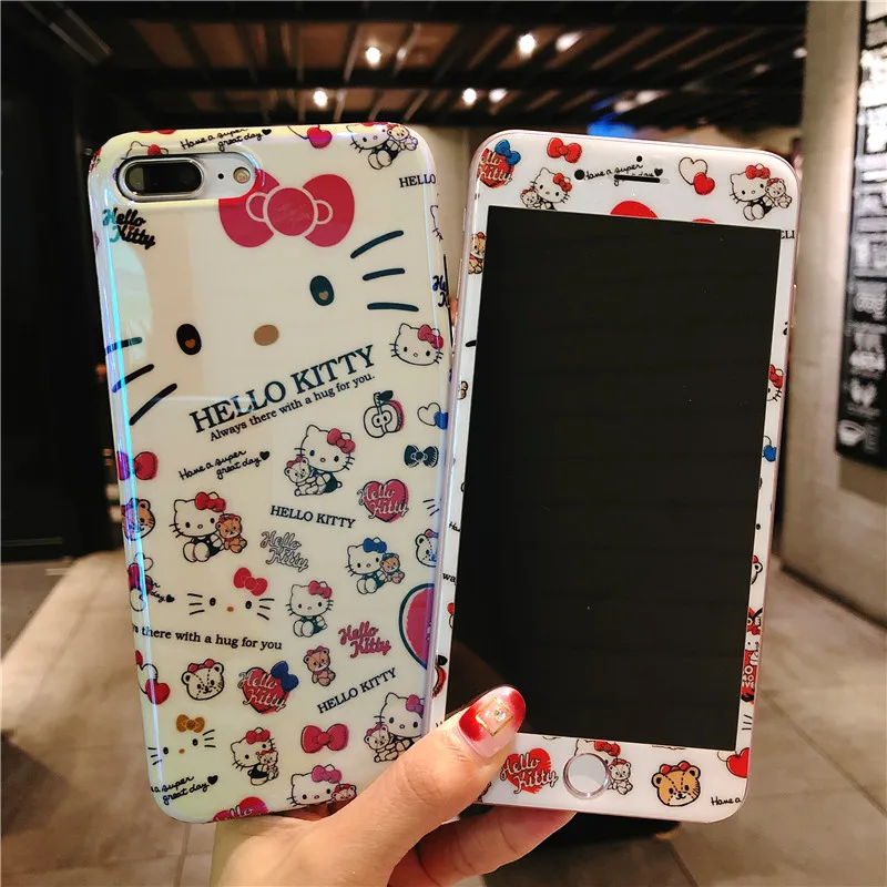 Cute hello Kitty case For iPhone 8 8Plus Tempered Glass Screen film &amp blue ray KT soft Cover for X 7 7plus 6 6S 6SPlus |