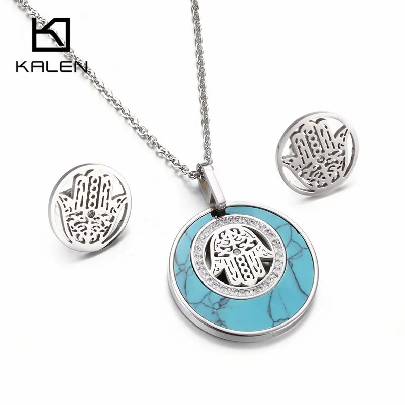 Silver Kalen женский счастливый ювелирный синий из нержавеющей стали золотой цвет Фатима хамса Подвеска В Форме руки ожерелье и серьги набор для женских подарков - Окраска металла: Silver