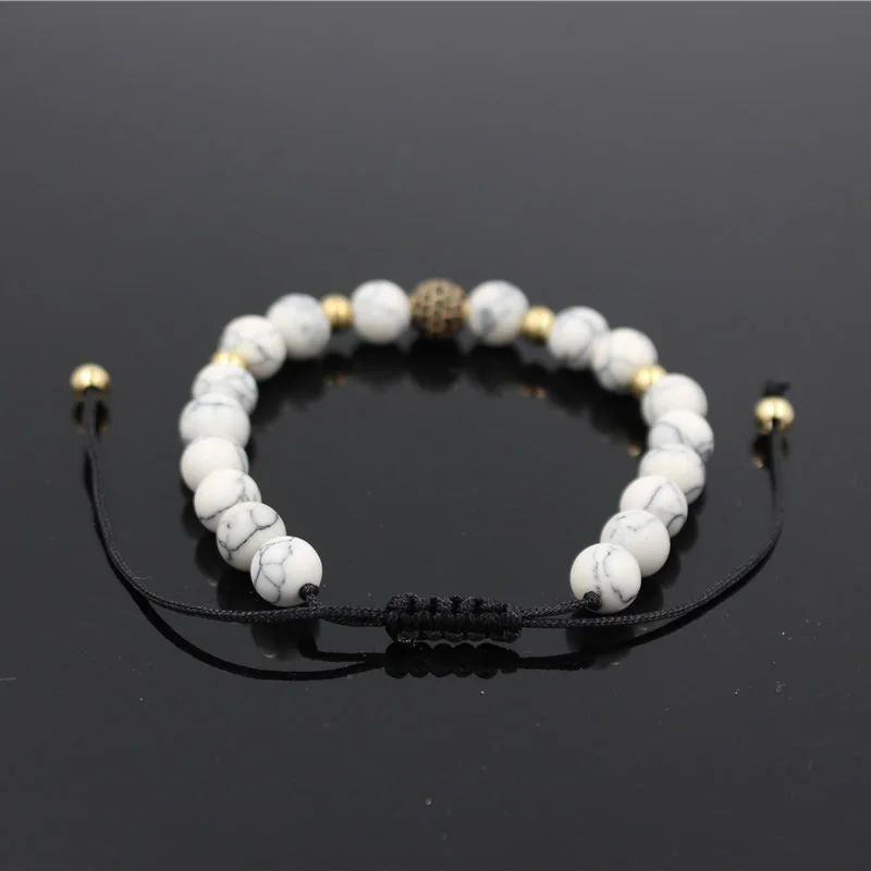 Новый 8 мм белый камень Howlite и фианит медный шарик плетение макраме браслет из