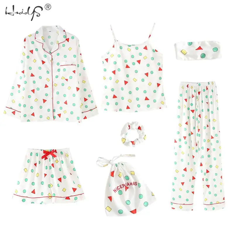 Stripe Printing Women's 7 Pieces Pajamas Sets Emulation Silk Satin Pajamas Women Sleepwear Sets Spring Summer Autumn Homewear