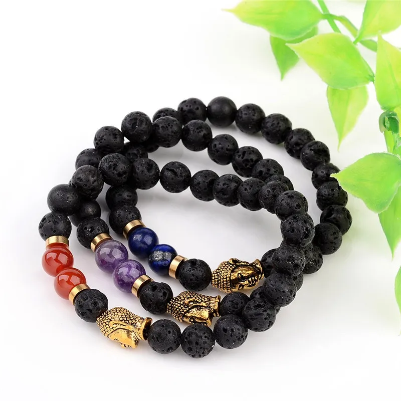 

Natural Lava Bead Stretch Bracelets, with Natural crystal Beads and Alloy 3D Buddha Head Beads, Antique Golden, 55mm