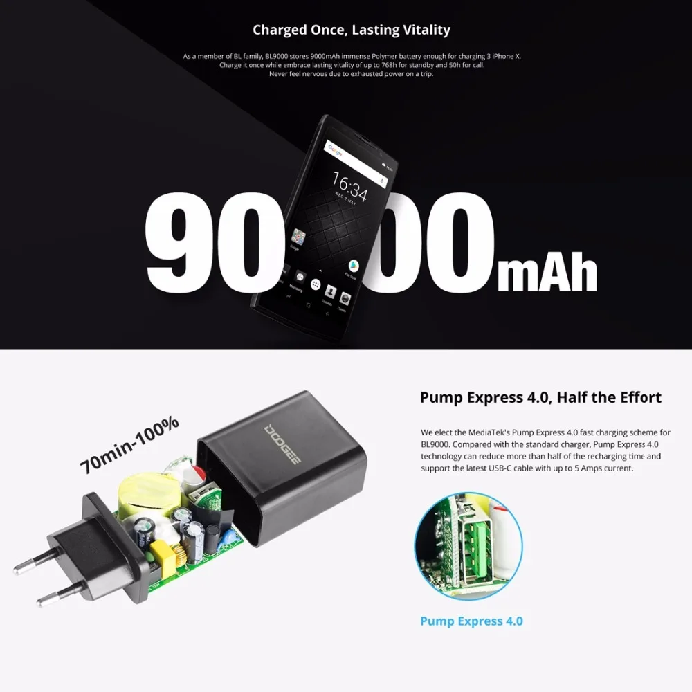 DOOGEE BL9000 Smartphone 64GB ROM 6GB RAM 5.99&quot Screen 4G MTK6763 Octa Core Andorid 8.1 12MP+5MP Dual Rear Cam 9000mAh NFC OTG |