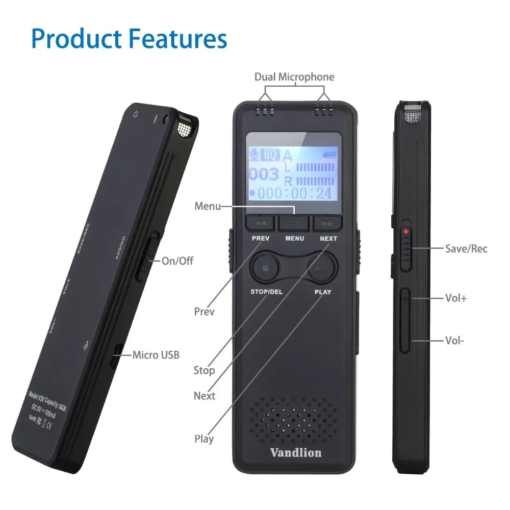 Vandlion Диктофон мини HD шумоподавление MP3 бизнес Профессиональный диктофон с