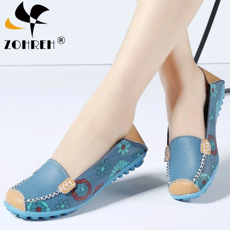 Women Flat Shoes Fashion Ballet Summer Flower Print Women Shoes Genuine Leather Loafers Ladies Shoes Woman Soft Footwear 42
