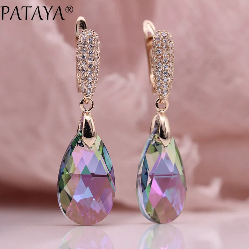 

PATAYA New Austria Crystal Long Earrings Women Luxury Water Drop Jewelry 585 Rose Gold Color Natural Zircon Dangle Earrings