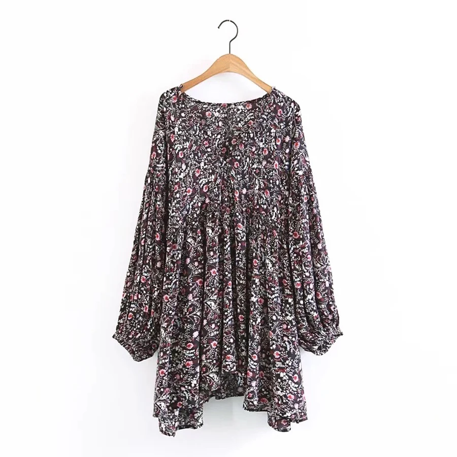 Женская блузка в стиле бохо с длинным рукавом и треугольным вырезом из хлопка