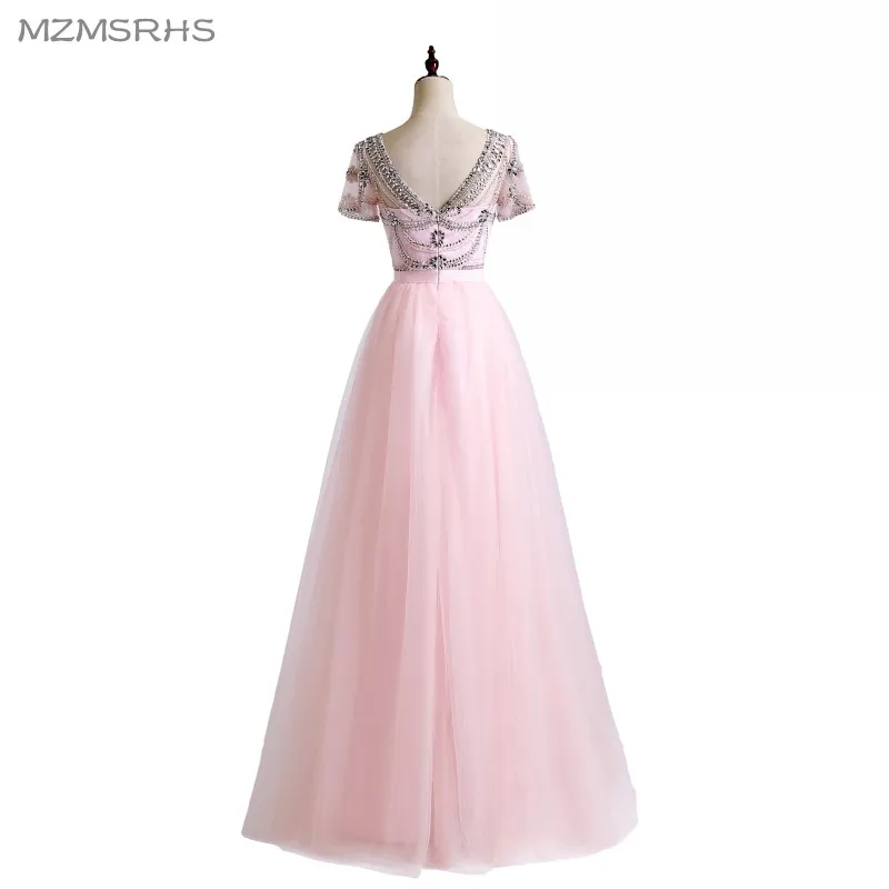 Женское бальное платье с коротким рукавом розовое или белое бисером и