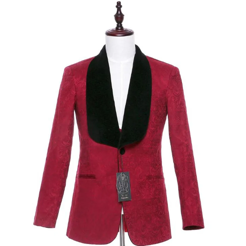 

Red men's jacket business suit jacket floral pattern groom tuxedo coat black velvet boat collar lapel custom made