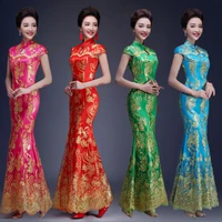 red blue green color luxury chinese traditional wedding dress qipao mermaid wedding dress fish tail asian style short sleeve