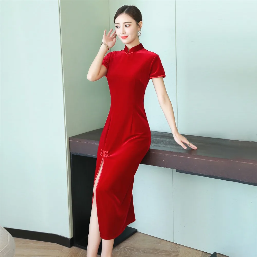 Китайское традиционное длинное платье Чонсам с коротким рукавом из бархата Qipao, китайское женское платье, 4 цвета