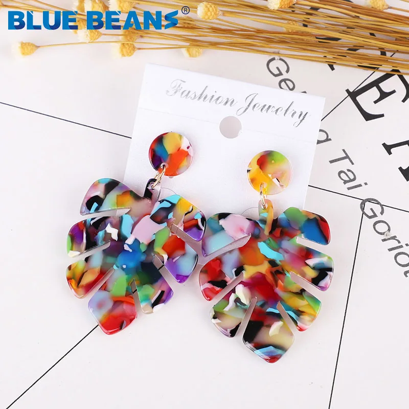 Серьги с листьями для женщин, акриловые, Boho, ацетат, модные, многоцветные, геометрические, большие, висячие, свисающие, серьги из смолы, массивные