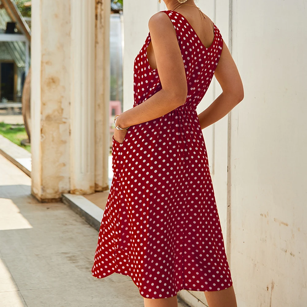 Женское винтажное платье в горошек без рукавов с v-образным вырезом повседневное