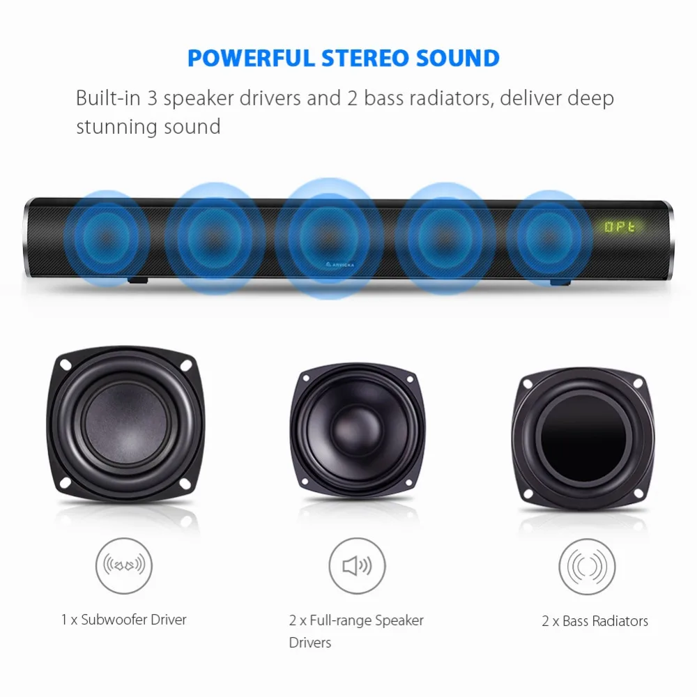 Arvicka дома Театр Саундбар 60 Вт Беспроводной Sound Bar 2.1 оптического канала Bluetooth ТВ с