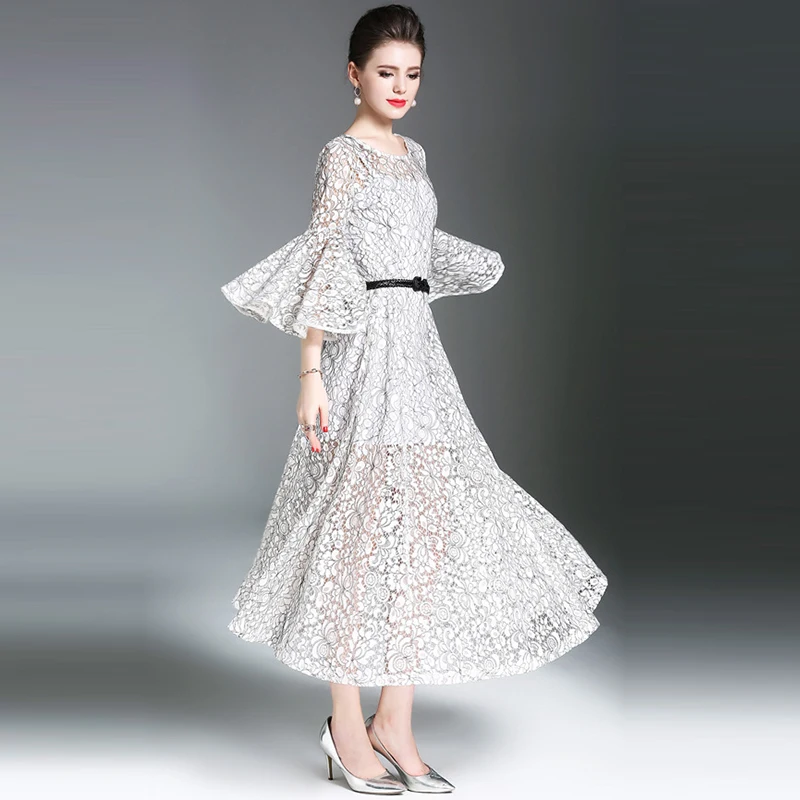 Кружево платье Новая Европа Лето 2017 г. Для женщин Flare рукавом выдалбливают
