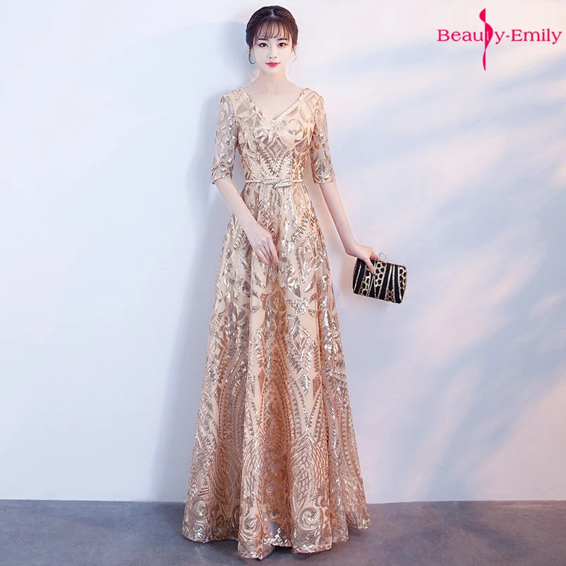 Beauty Emily, Длинные вечерние платья с v-образным вырезом, золотые блестки, Аппликации, половина рукава, плиссированные вечерние платья, открытая спина, vestidos de festa