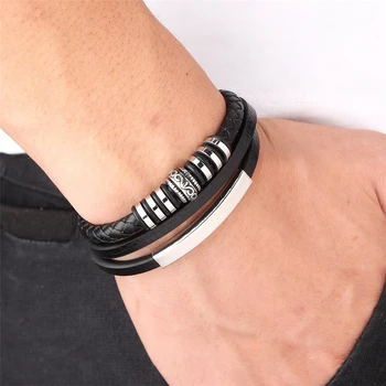 Geometrically Irregular Graphics Stainless Steel Genuine Leather Bracelet 4