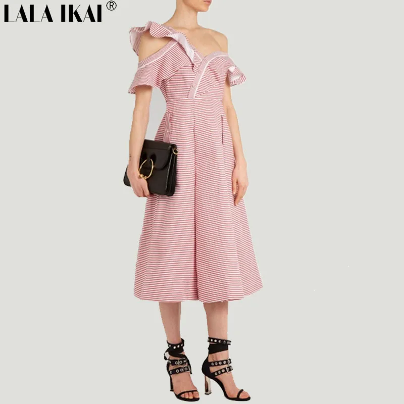 Винтажные розовые и белые в полоску миди платье Женщины Осень открытыми плечами