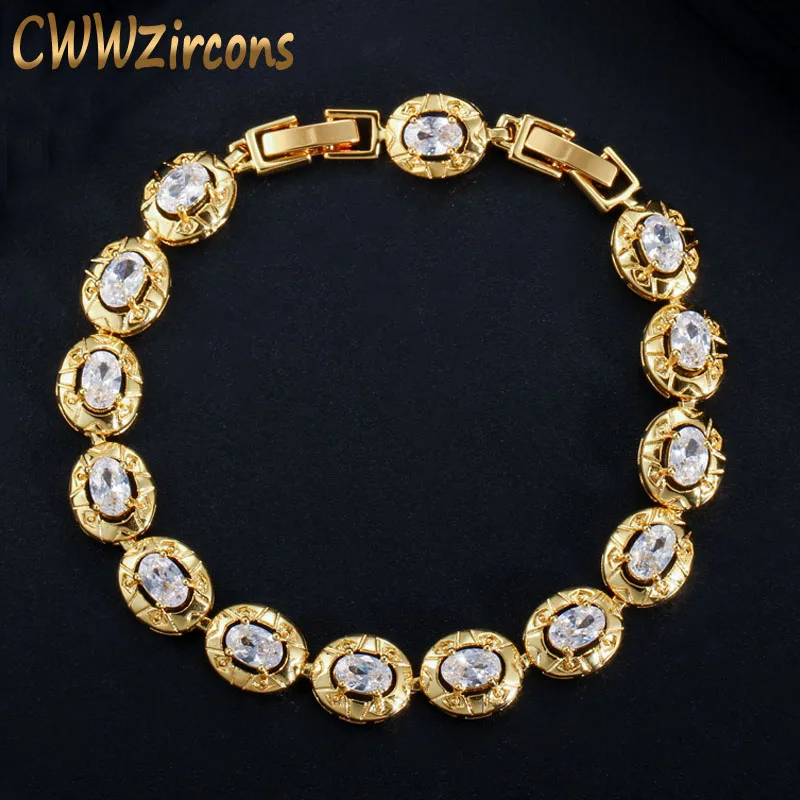 gold CWWZircons элегантный Дубай желтое золото цвет Овал, куб, цирконий теннисный браслет для женщин Свадебная вечеринка ювелирные аксессуары CB196 - Окраска металла: gold