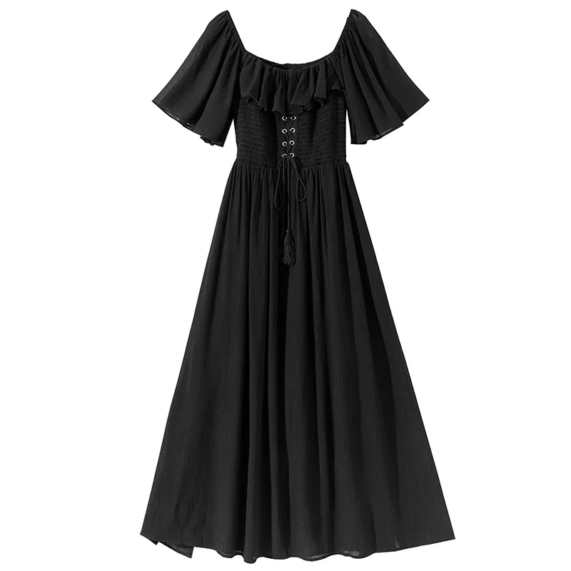 Женское платье в стиле ретро Черное длинное с завязками на талии L0206 лето