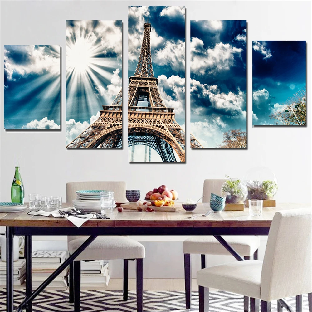 

Картина на холсте без рамки, постер с изображением Эйфелевой башни и солнечного света, декоративная Модульная картина для гостиной, 5 шт.