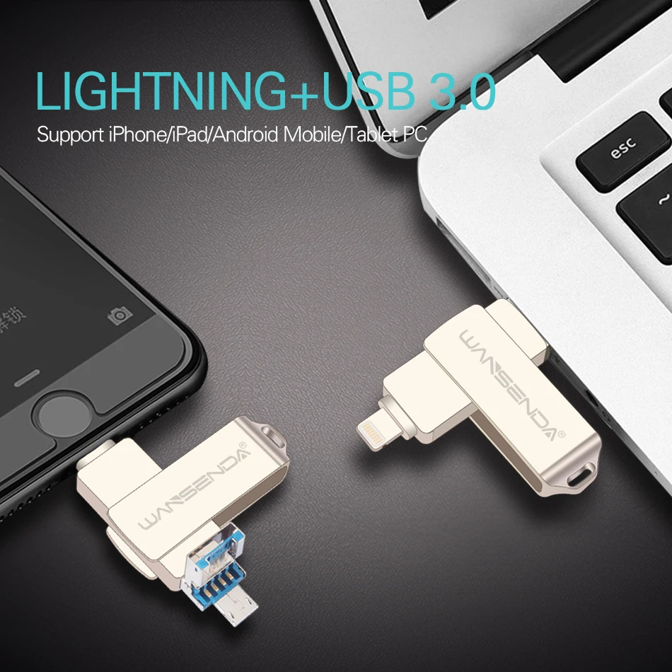 

WANSENDA OTG USB Flash Drive Rotation Pen Drive 8GB 16GB 32GB 64GB 128GB 3 in 1 Micro USB Stick Pendrive for iPhone/Android/PC