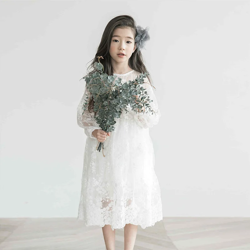 

Baby Girls Dress Children Clothing 2019 Autumn Long Sleeves White Hollow Lace Gauze Party Dress Kids Princess Bridesmaid Dress