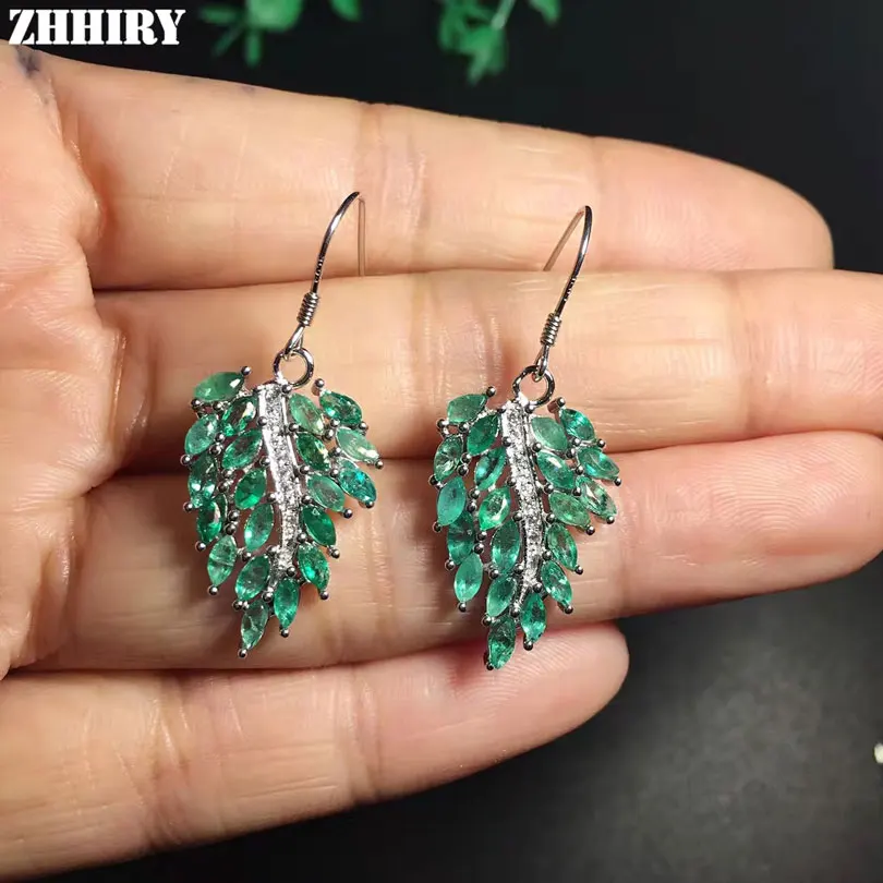 Женские серьги подвески из серебра 925 пробы с натуральным изумрудом|jewelry silver