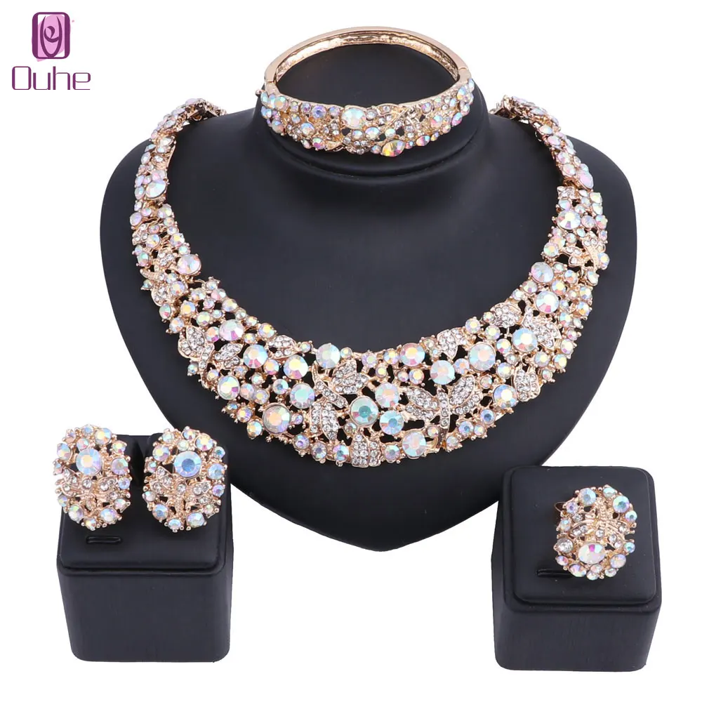 

Women Party Bridal Fine AB Rhinestone African Beads Jewelry Sets For Wedding Party Dinner Dress Necklace Earring Bangle Ring