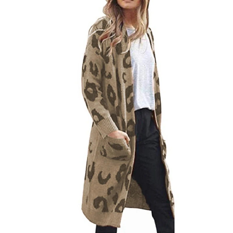 Autumn winter 2018 women Sexy V neck casual sweater cardigan female Knit Leopard print long pull femme cardigans |