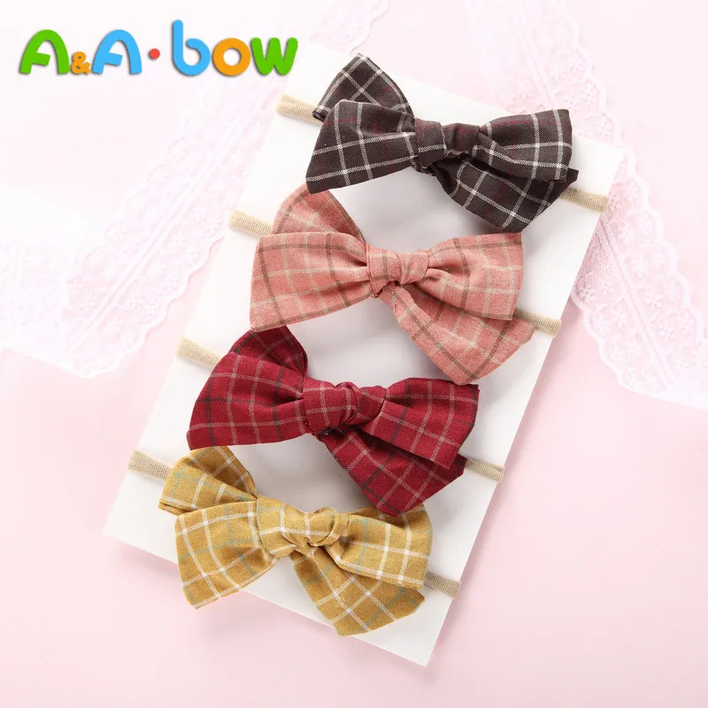 11PCS/lots Handmade Plaid Bow Hair Band Baby's Nylon Headband Baby Girl`s Elastic Cute Tiara Accessories Headbands | Детская одежда