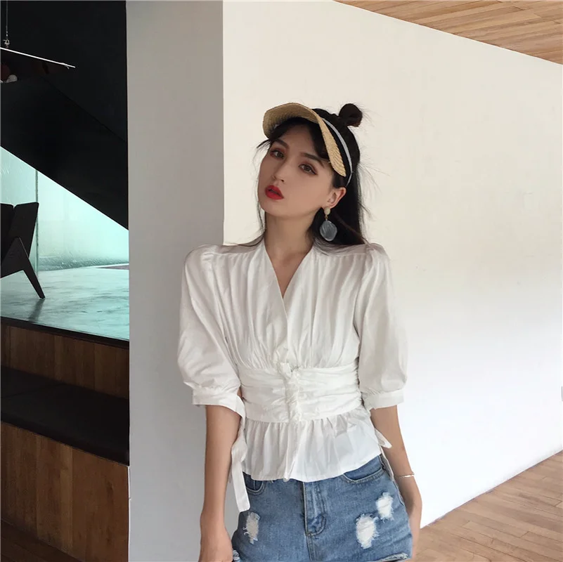 V-neck Blue Blouse Women Puff Sleeve Slim Vintage Korean Design Office Style Casual Shirt Temperament 2019 Summer Vogue |