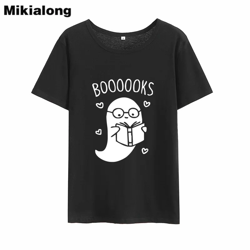 Mikialong 2018 графическая кавайная женская футболка BOOOOOKS Дамский топ с надписью