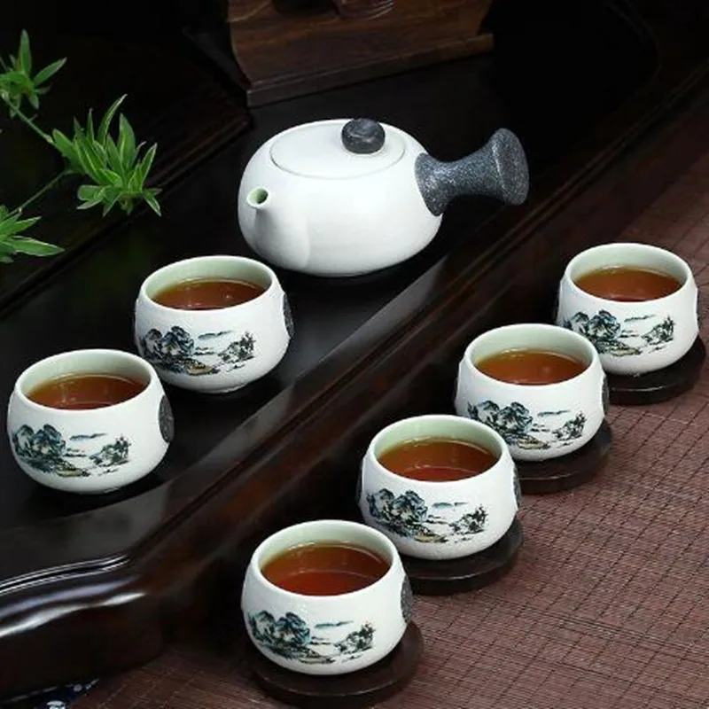 

[1 Teapot + 6 Cups] Authentic 7 Pcs Kung Fu Tea Set Snowflake glaze Ceramics/Porcelain Tea Ceremony Gift Free Shipping