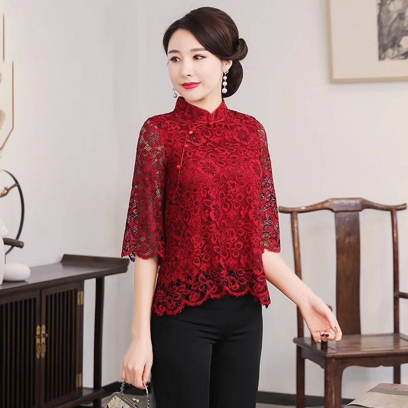 Женская винтажная рубашка Cheongsam китайский топ с кружевом весна лето 2019|Топы| |