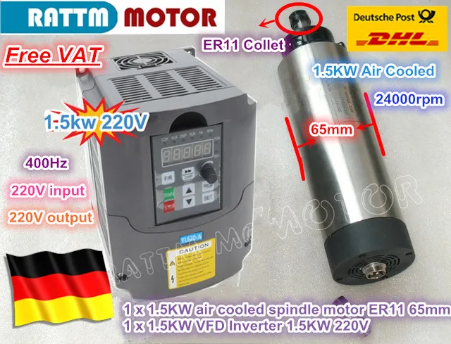 

EU Free VAT CNC 1.5KW 220V Air-cooled spindle motor ER11,24000rpm& 1.5kw Inverter VFD 2HP 220V For CNC Router Engraving Milling