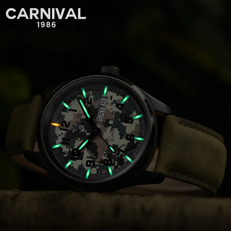Часы Carnival T25 Tritium светящиеся кварцевые часы для мужчин спортивные военные